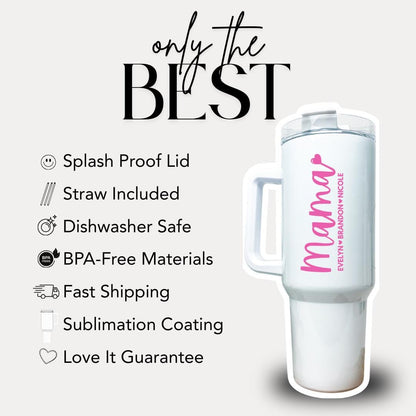 Personalized Mama 40oz Tumbler with Straw Personalized with Kids’ Names Hot Pink Tumbler for Mom Gift for Mommy Mama Travel Coffee Mug