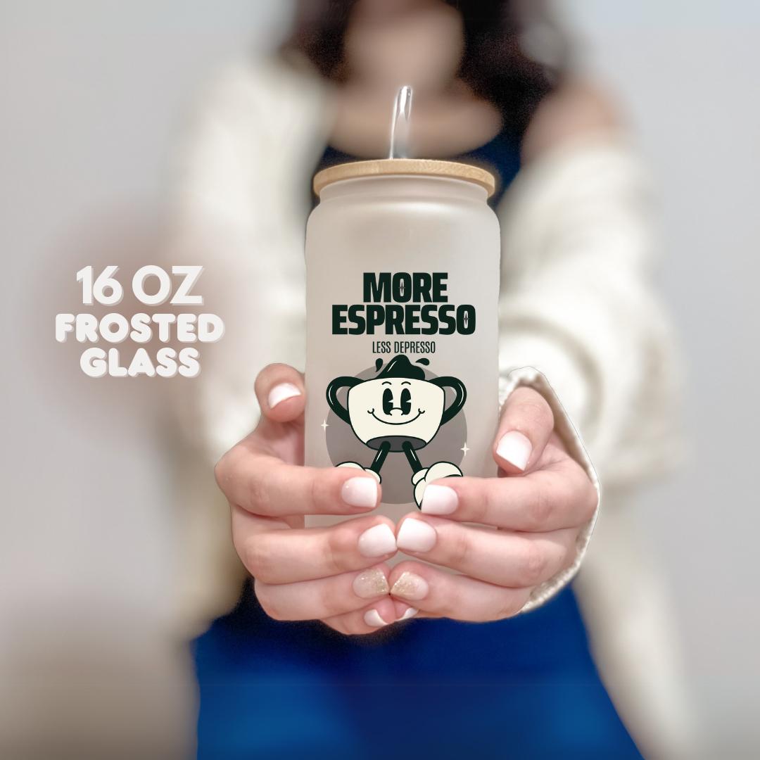 16 oz Frosted Glass More Espresso Less Depresso Tumbler with Bamboo Lid & Straw Funny Coffee Cup for Iced Lattes Cold Brew Espresso Lovers