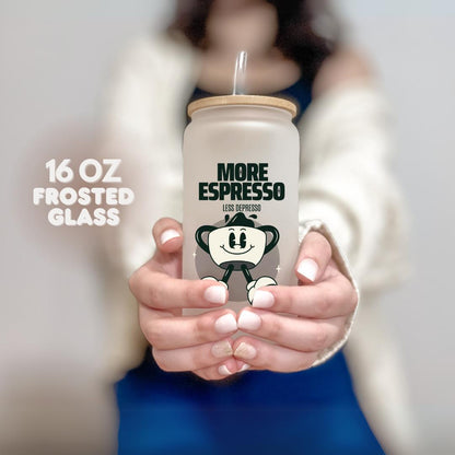 16 oz Frosted Glass More Espresso Less Depresso Tumbler with Bamboo Lid & Straw Funny Coffee Cup for Iced Lattes Cold Brew Espresso Lovers