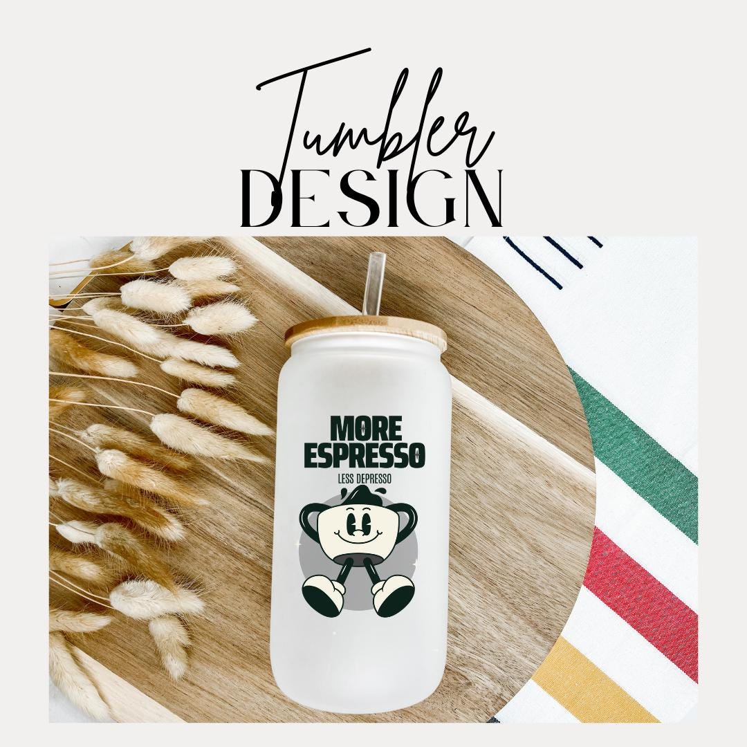 16 oz Frosted Glass More Espresso Less Depresso Tumbler with Bamboo Lid & Straw Funny Coffee Cup for Iced Lattes Cold Brew Espresso Lovers