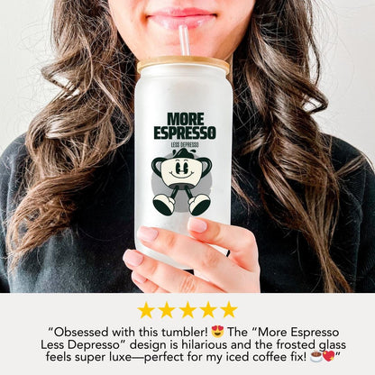 16 oz Frosted Glass More Espresso Less Depresso Tumbler with Bamboo Lid & Straw Funny Coffee Cup for Iced Lattes Cold Brew Espresso Lovers