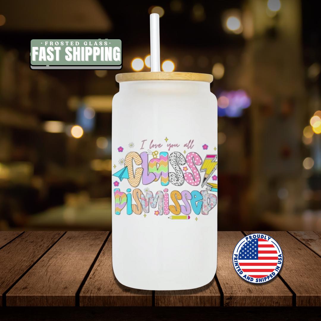 16 oz Frosted Glass Teacher with Bamboo Lid & Straw Cute Retro Teacher Gift Teacher Appreciation Gift Drinkware for Teacher Gift for Her