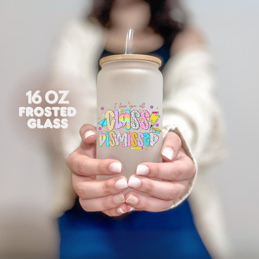 16 oz Frosted Glass Teacher with Bamboo Lid & Straw Cute Retro Teacher Gift Teacher Appreciation Gift Drinkware for Teacher Gift for Her