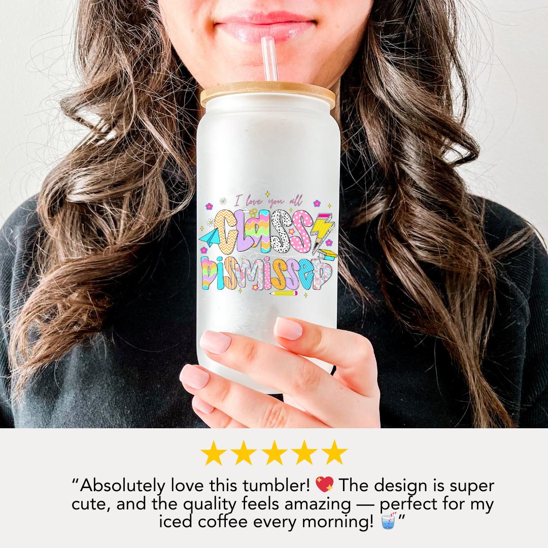 16 oz Frosted Glass Teacher with Bamboo Lid & Straw Cute Retro Teacher Gift Teacher Appreciation Gift Drinkware for Teacher Gift for Her