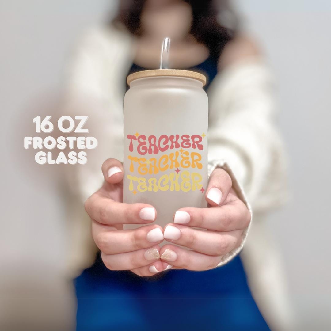 16 oz Frosted Glass Teacher with Bamboo Lid & Straw Cute Retro Teacher Gift Teacher Appreciation Gift Drinkware for Teacher Gift for Her
