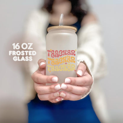 16 oz Frosted Glass Teacher with Bamboo Lid & Straw Cute Retro Teacher Gift Teacher Appreciation Gift Drinkware for Teacher Gift for Her
