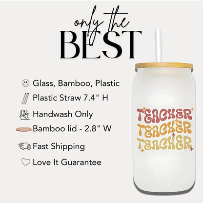 16 oz Frosted Glass Teacher with Bamboo Lid & Straw Cute Retro Teacher Gift Teacher Appreciation Gift Drinkware for Teacher Gift for Her
