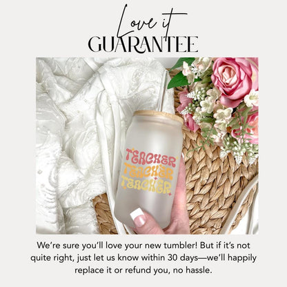 16 oz Frosted Glass Teacher with Bamboo Lid & Straw Cute Retro Teacher Gift Teacher Appreciation Gift Drinkware for Teacher Gift for Her