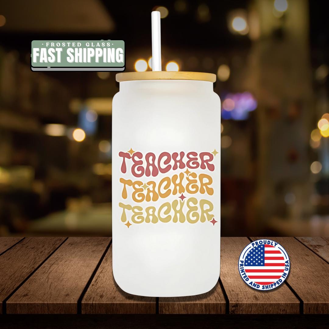 16 oz Frosted Glass Teacher with Bamboo Lid & Straw Cute Retro Teacher Gift Teacher Appreciation Gift Drinkware for Teacher Gift for Her