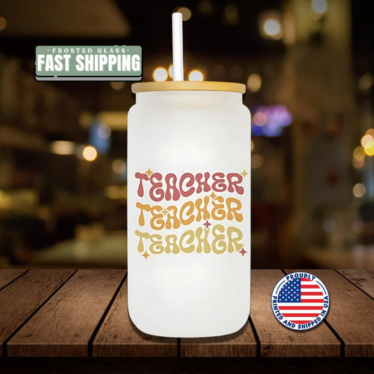 16 oz Frosted Glass Teacher with Bamboo Lid & Straw Cute Retro Teacher Gift Teacher Appreciation Gift Drinkware for Teacher Gift for Her