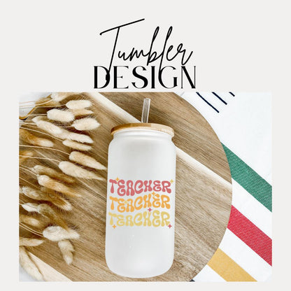 16 oz Frosted Glass Teacher with Bamboo Lid & Straw Cute Retro Teacher Gift Teacher Appreciation Gift Drinkware for Teacher Gift for Her