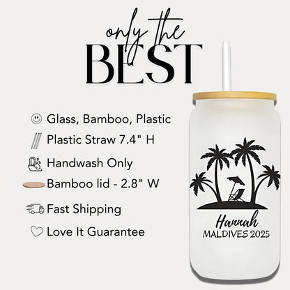 Personalized Island Vibes Frosted Glass Tumbler 16oz Coffee Cup Custom Beach Design Perfect for Summer Vacation Tropical Vibes