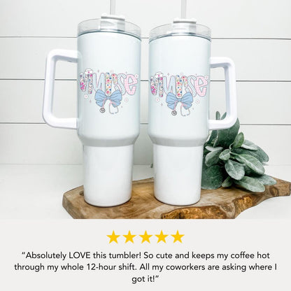 Nurse 40 oz Tumbler With Handle & Straw 40oz Floral Stethoscope Cup for RN, LPN, CNA Gift for Nurse Appreciation Nurse Travel Cup for Nurses