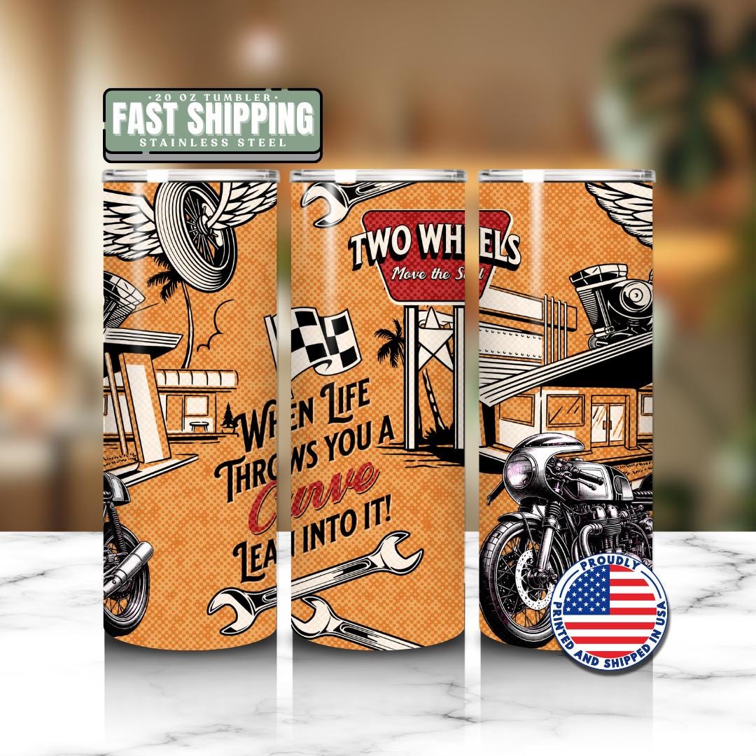 Two Wheels Dad Tumbler 20oz Skinny Travel Tumbler Mug Gift for Biker Dads Tumbler with Straw Dad Gift Father's Day Gift Tumbler Coffee Cup