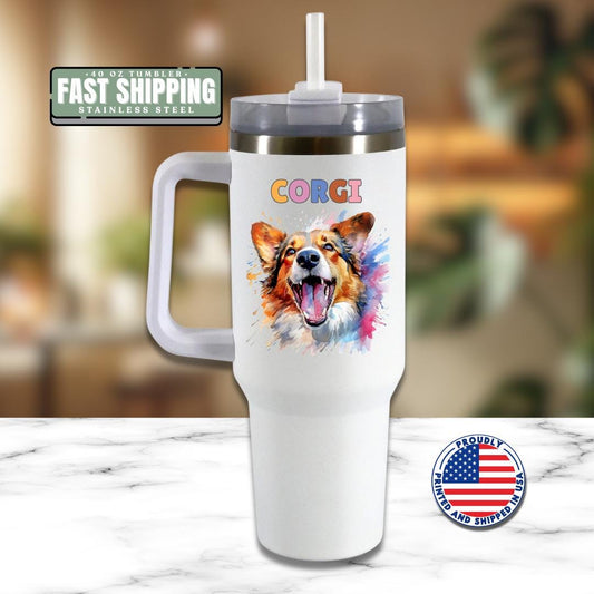 Corgi Dog Tumbler with Colorful Watercolor Dog Design 40oz Tumbler with Handle & Straw Corgi Pet Memorial Cup Gift for Corgi Mom Corgi Dad