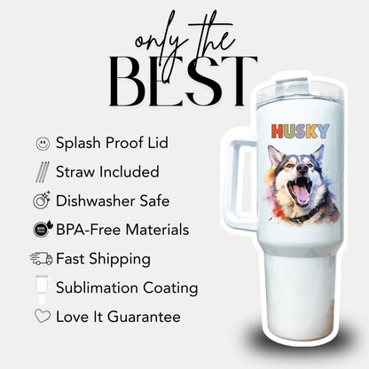 Husky Dog Tumbler with Colorful Watercolor Dog Design 40oz Tumbler with Handle & Straw Husky Pet Memorial Cup Gift for Boxer Mom Boxer Dad