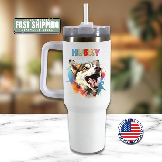 Husky Dog Tumbler with Colorful Watercolor Dog Design 40oz Tumbler with Handle & Straw Husky Pet Memorial Cup Gift for Boxer Mom Boxer Dad