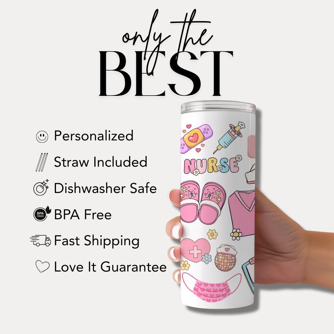 Personalized Nurse 20 oz Skinny Tumbler with Straw Custom Name Nurse Tumbler Cute Nurse Appreciation Gift for Nurse Tumbler Coffee Mug