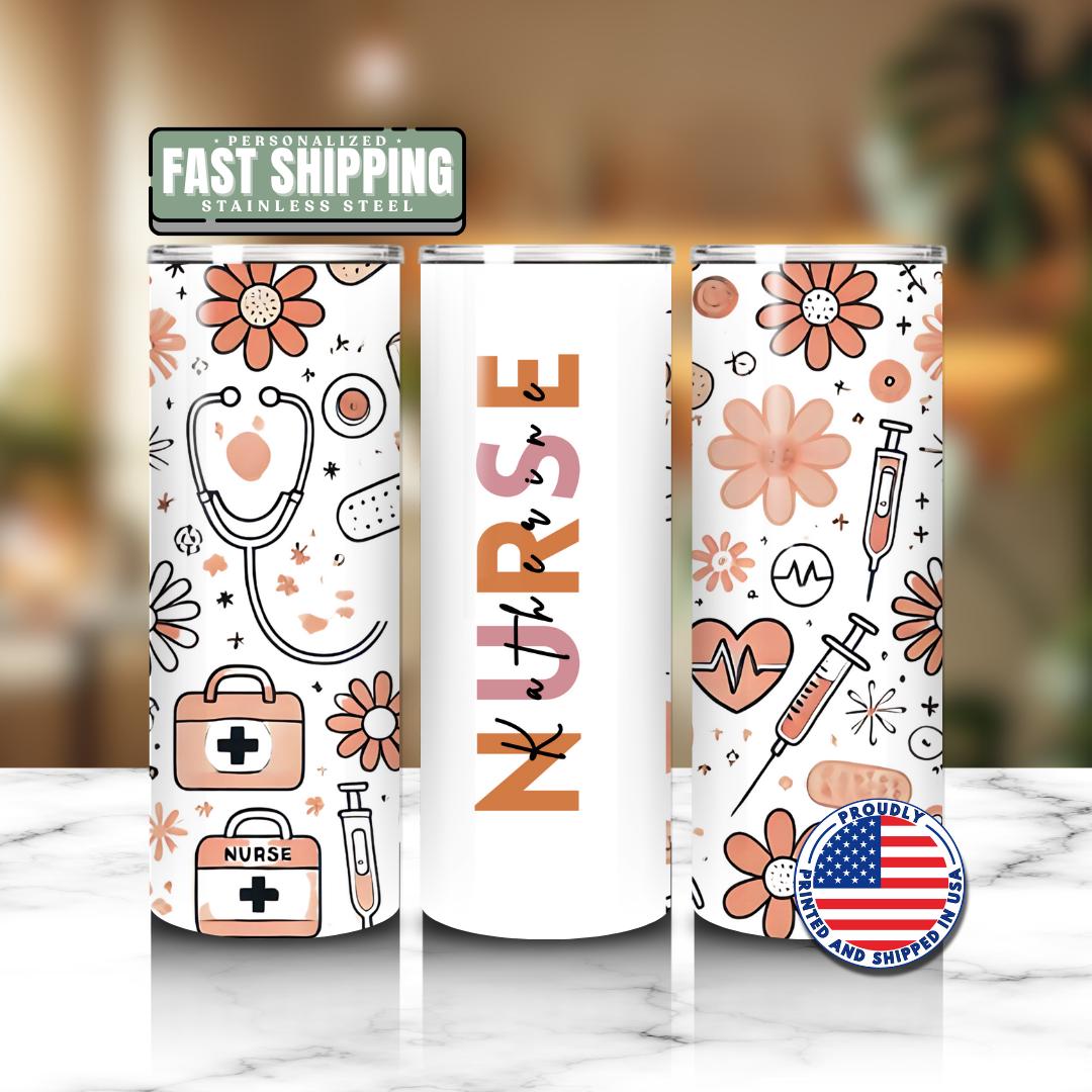 Personalized Nurse 20 oz Skinny Tumbler with Straw Cute Nurse Appreciation Gift for Nurse Week Tumbler Nurse Travel Coffee Cup Nurse Mug