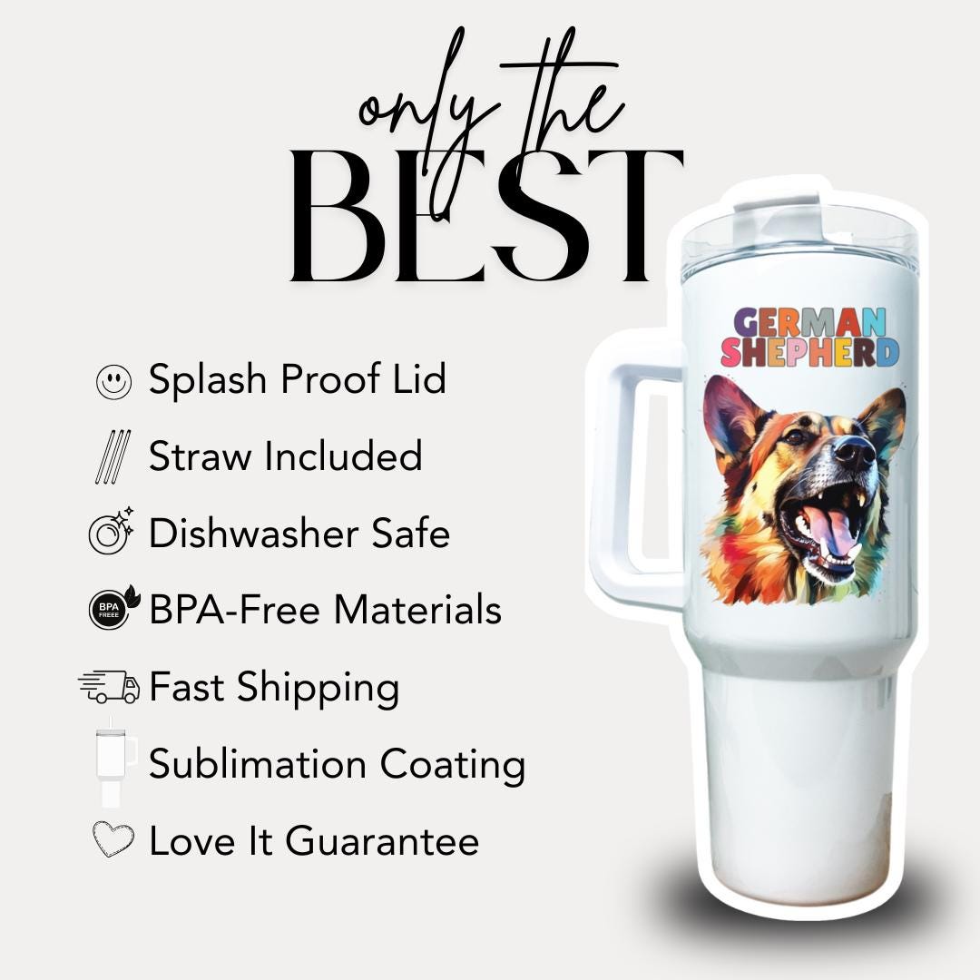 German Shepherd Dog Tumbler with Colorful Watercolor Dog Design 40oz Tumbler with Handle & Straw GSD Pet Memorial Cup Gift for GSD Lovers