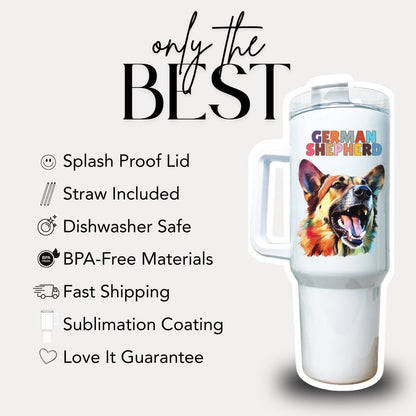 German Shepherd Dog Tumbler with Colorful Watercolor Dog Design 40oz Tumbler with Handle & Straw GSD Pet Memorial Cup Gift for GSD Lovers