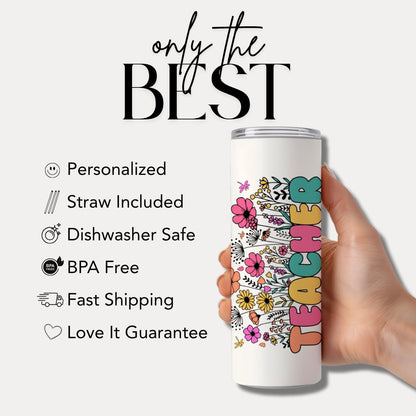 Personalized Teacher 20 oz Skinny Tumbler with Straw, Cute Teacher Gift for Appreciation Week, Teacher Appreciation Gifts, Best Teacher Gift