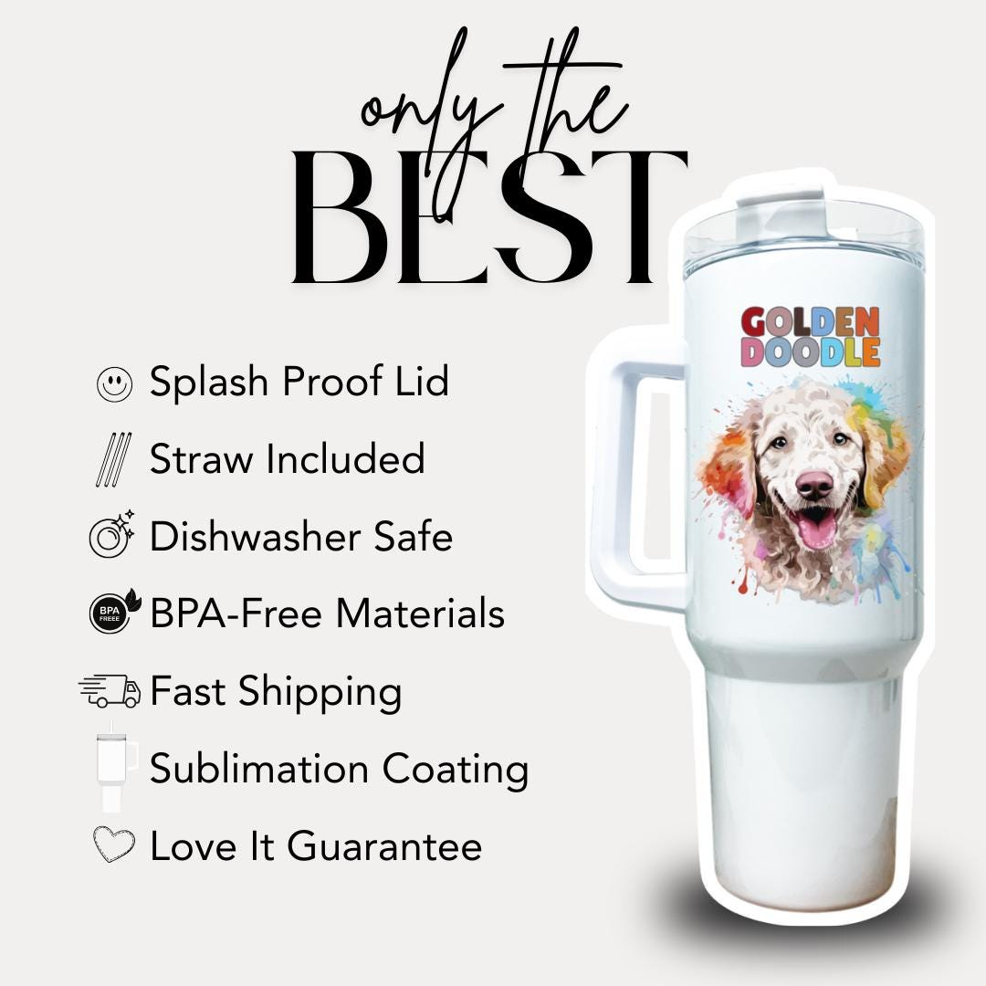 Golden Doodle Dog Tumbler with Colorful Watercolor Dog Design 40oz Tumbler with Handle & Straw Golden Doodle Pet Cup Gift for Doodle Lovers