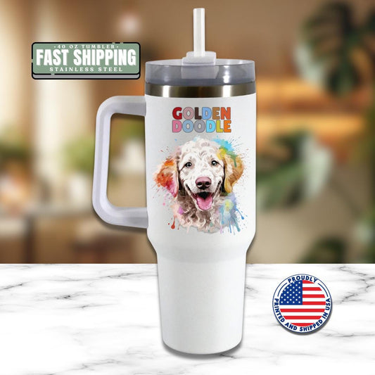 Golden Doodle Dog Tumbler with Colorful Watercolor Dog Design 40oz Tumbler with Handle & Straw Golden Doodle Pet Cup Gift for Doodle Lovers