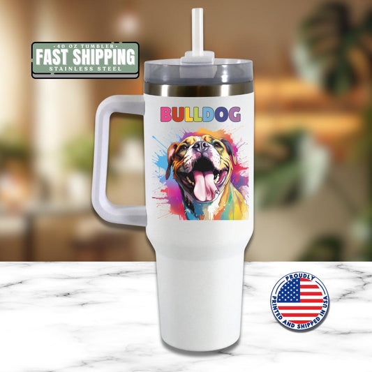 Bulldog Tumbler with Colorful Watercolor Dog Design 40oz Tumbler with Handle & Straw Bulldog Pet Travel Mug Gift for Mom Dad Bulldog Lovers