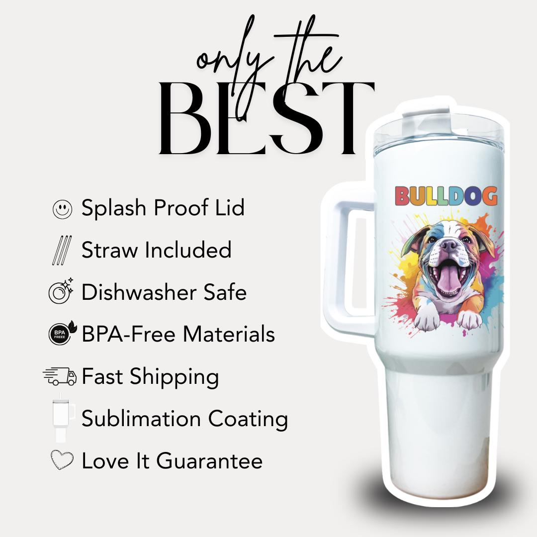 Bulldog Tumbler with Colorful Watercolor Dog Design 40oz Tumbler with Handle & Straw Bulldog Pet Travel Mug Gift for Mom Dad Bulldog Lovers
