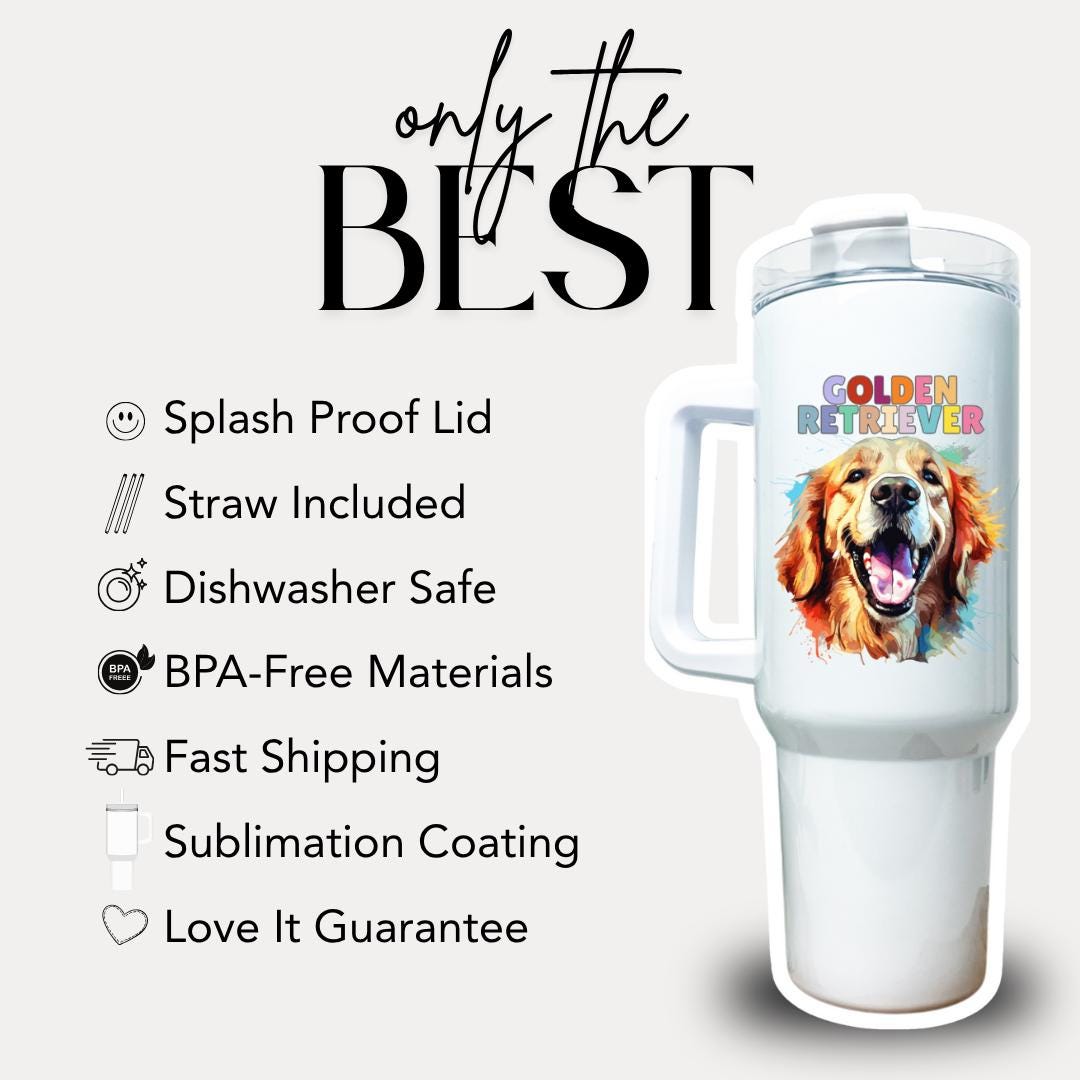 Golden Retriever Tumbler with Colorful Dog Design 40oz Tumbler with Handle & Straw Retriever Pet Travel Mug Gift for Mom Dad Retriever Lover