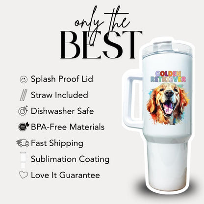 Golden Retriever Tumbler with Colorful Dog Design 40oz Tumbler with Handle & Straw Retriever Pet Travel Mug Gift for Mom Dad Retriever Lover