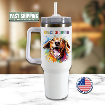 Dachshund Tumbler with Handle 40oz Travel Mug Colorful Dog Art with Handle & Straw Dachshund Pet Travel Mug Perfect Gift for Dog Lovers
