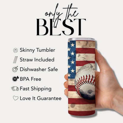 US Baseball American Flag Tumbler 20oz Skinny Tumbler Patriotic Sports Gift for Baseball Fan Coaches Dads or Moms Patriotic Baseball Tumbler