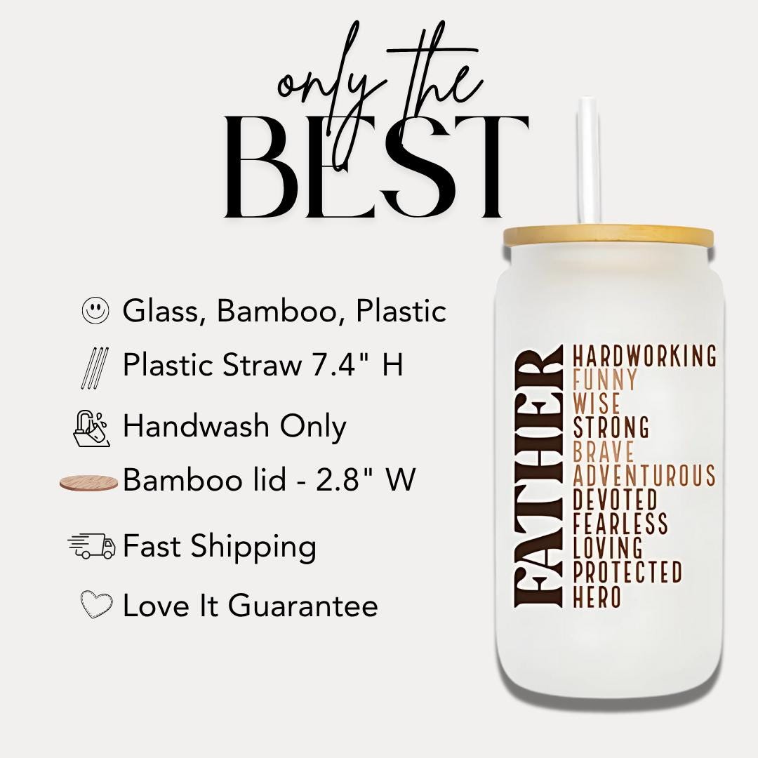 Father Frosted Glass Cup 16 oz Iced Coffee Tumbler with Bamboo Lid & Straw Hero Dad Gift Retro Father’s Day Glass Can Cool Dad Mug