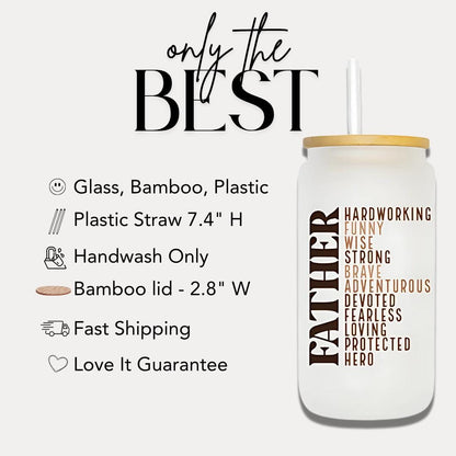 Father Frosted Glass Cup 16 oz Iced Coffee Tumbler with Bamboo Lid & Straw Hero Dad Gift Retro Father’s Day Glass Can Cool Dad Mug