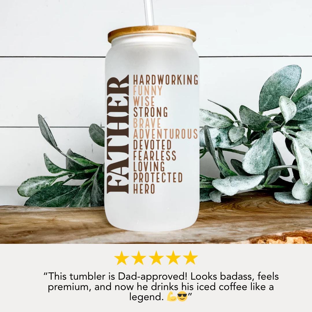 Father Frosted Glass Cup 16 oz Iced Coffee Tumbler with Bamboo Lid & Straw Hero Dad Gift Retro Father’s Day Glass Can Cool Dad Mug