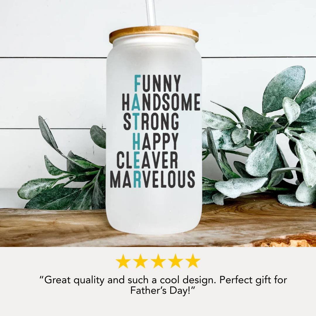 Funny Father Glass Cup 16 oz Frosted Glass with Bamboo Lid & Straw Father's Day Gift Cool Dad Mug Gift for Husband or Dad
