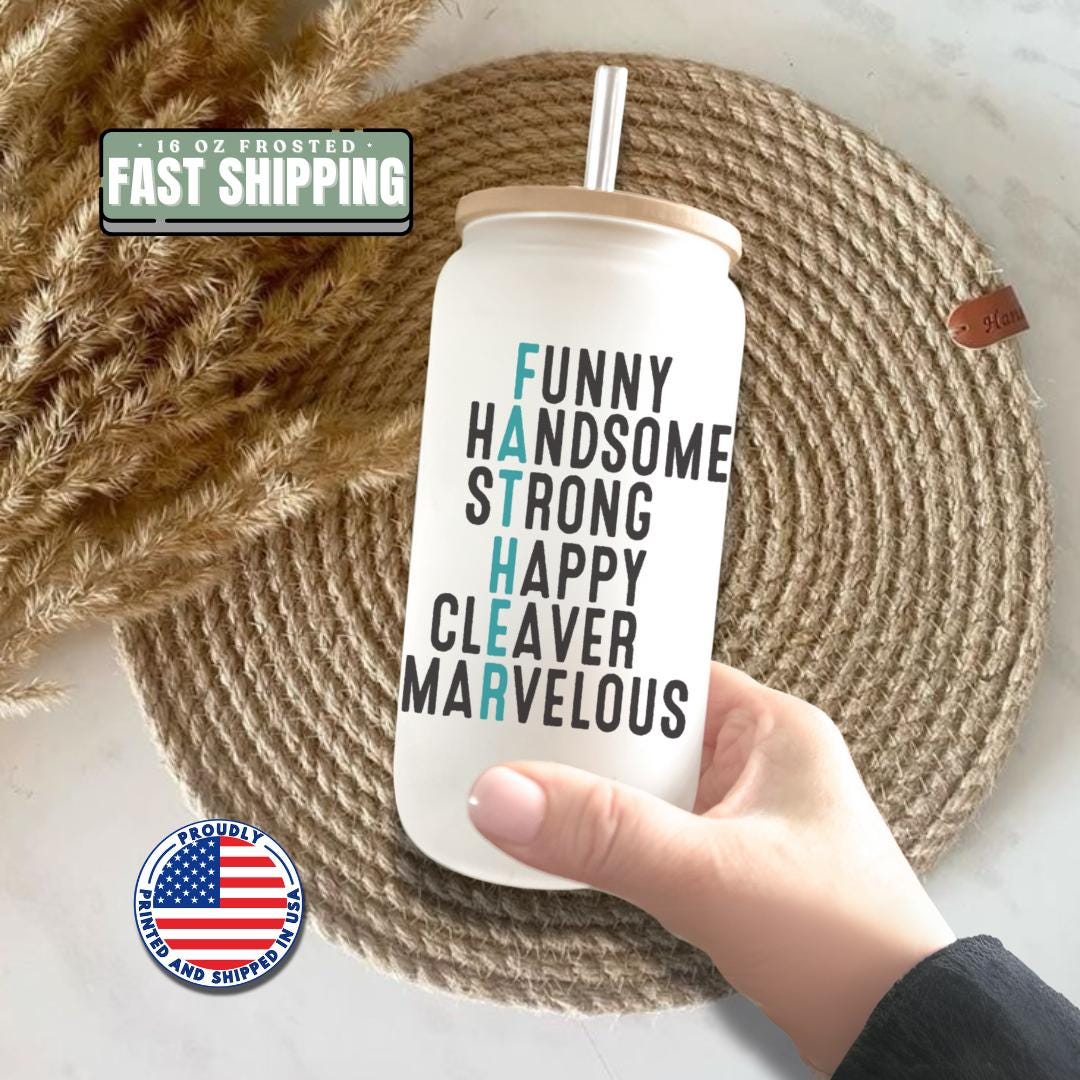 Funny Father Glass Cup 16 oz Frosted Glass with Bamboo Lid & Straw Father's Day Gift Cool Dad Mug Gift for Husband or Dad