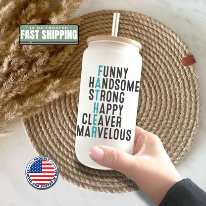 Funny Father Glass Cup 16 oz Frosted Glass with Bamboo Lid & Straw Father's Day Gift Cool Dad Mug Gift for Husband or Dad