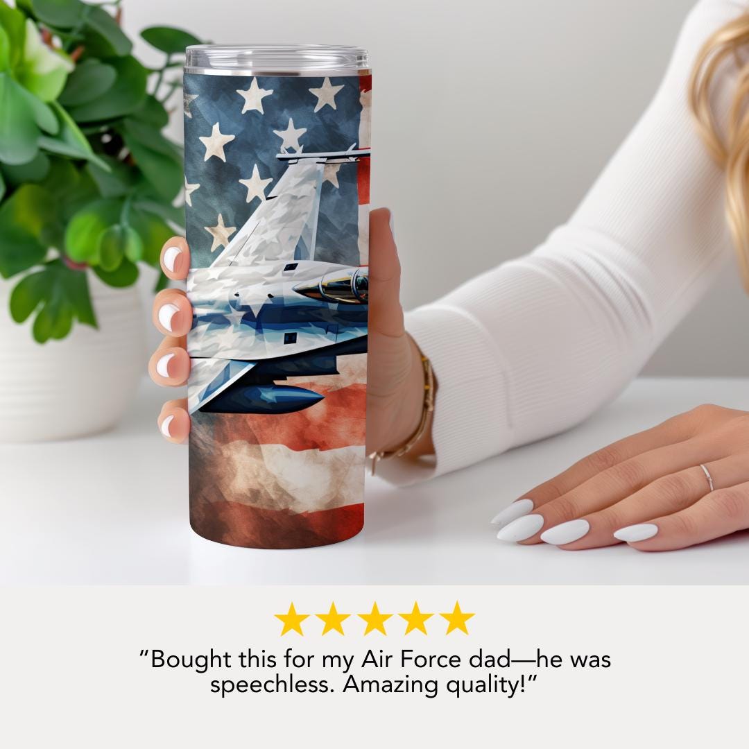 US Fighter Jet Tumbler 20oz Skinny Tumbler American Flag Patriotic Gift for Veterans Air Force American Jet Coffee Mug Gift for Military Dad