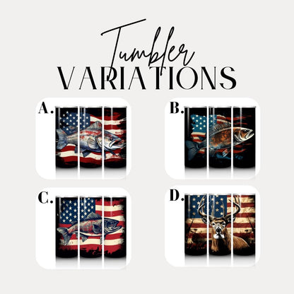 US Patriotic Bass Fishing Tumbler 20oz Skinny Tumbler Outdoorsman Travel Cup American Flag Fish Travel Mug  Fishing Tumbler Gift for Dad