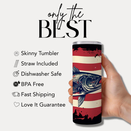 US Patriotic Bass Fishing Tumbler 20oz Skinny Tumbler Outdoorsman Travel Cup American Flag Fish Travel Mug  Fishing Tumbler Gift for Dad