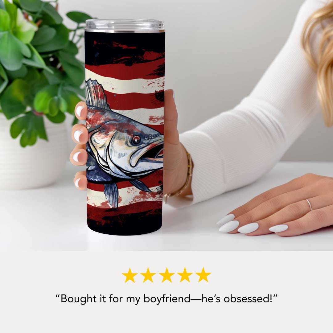 US Patriotic Bass Fishing Tumbler 20oz Skinny Tumbler Outdoorsman Travel Cup American Flag Fish Travel Mug  Fishing Tumbler Gift for Dad