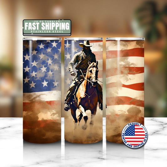 US Cowboy American Flag Tumbler 20oz Skinny Tumbler American Flag Western Horse Rider Mug Rustic Patriotic Gift for Men Country Gift for Dad