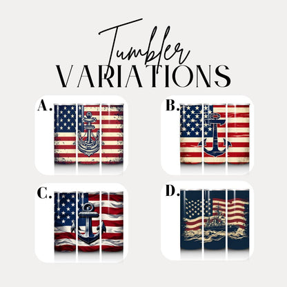 US Patriotic Navy Anchor Tumbler 20oz Skinny Tumbler American Flag Military Gift for Veterans & Sailors Patriotic Tumbler Memorial Day Gift