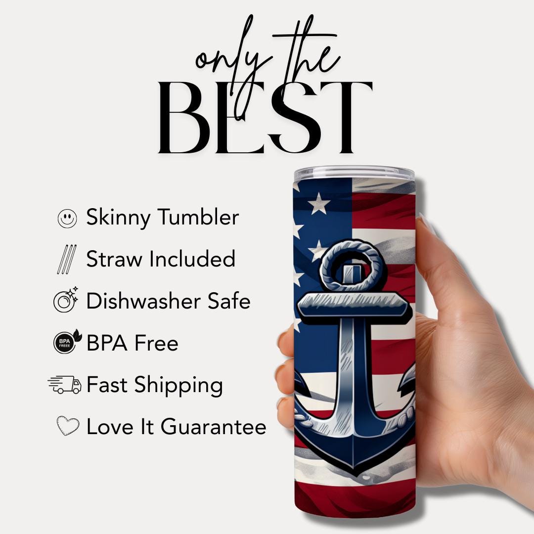 US Patriotic Navy Anchor Tumbler 20oz Skinny Tumbler American Flag Military Gift for Veterans & Sailors Patriotic Tumbler Memorial Day Gift