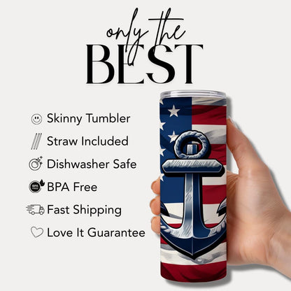 US Patriotic Navy Anchor Tumbler 20oz Skinny Tumbler American Flag Military Gift for Veterans & Sailors Patriotic Tumbler Memorial Day Gift