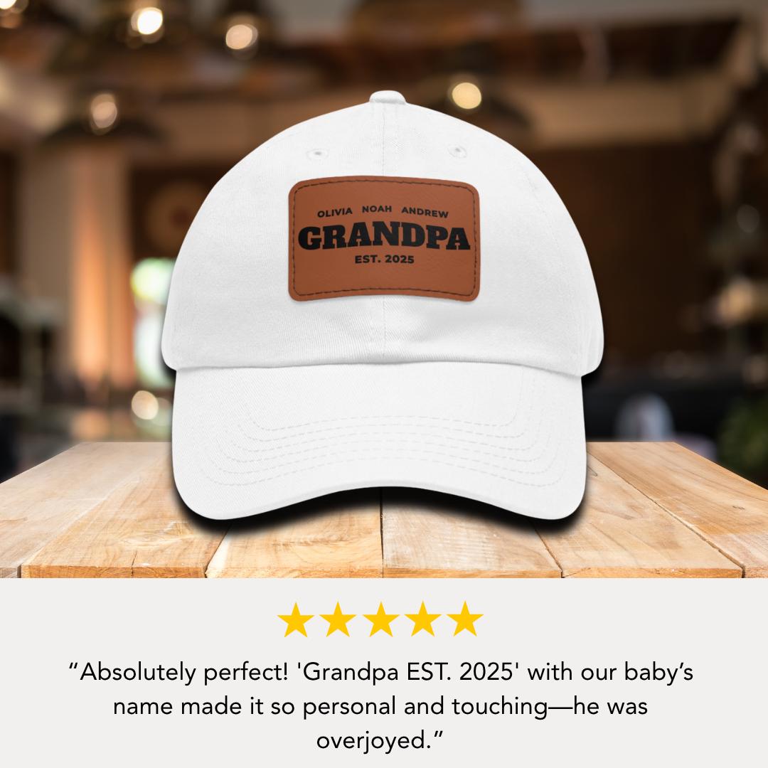 Personalized Grandpa Hat "Dad EST. [Your Year] and Grandchildren Names" Grandpa Gift Hat with Leather Patch Great Gift for Father's Day