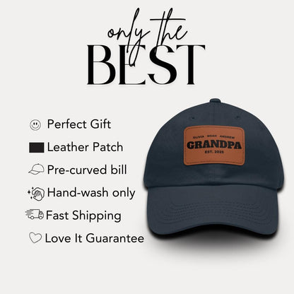 Personalized Grandpa Hat "Dad EST. [Your Year] and Grandchildren Names" Grandpa Gift Hat with Leather Patch Great Gift for Father's Day